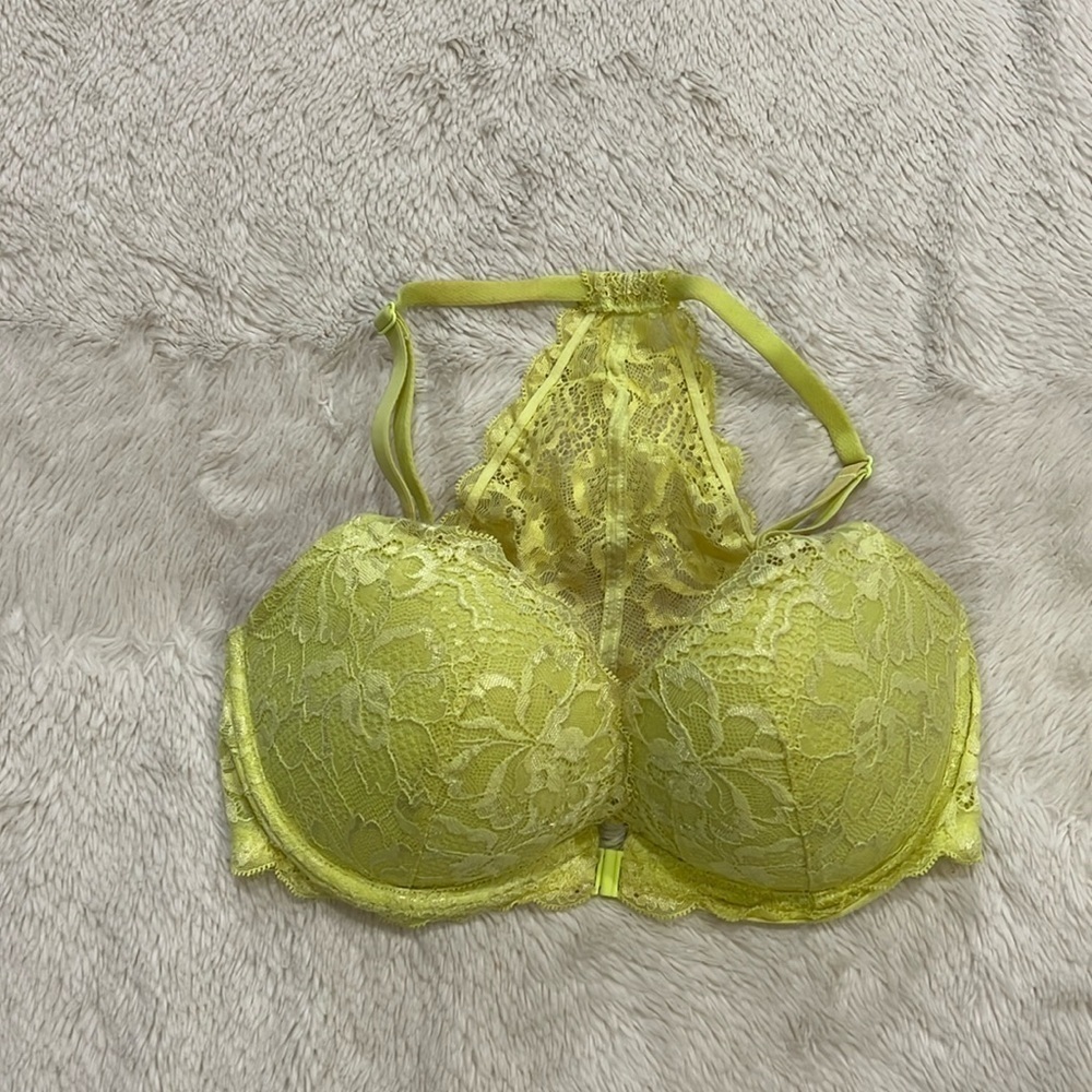 Yellow lace  date racerback Victoria’s Secret pink bra 32DD